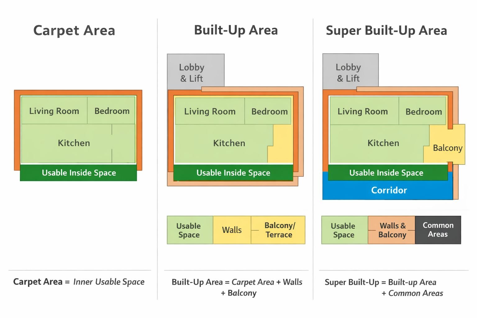 Carpet area vs built-up area vs super built-up area diagram explaining loading factor in Gurgaon real estate 2026