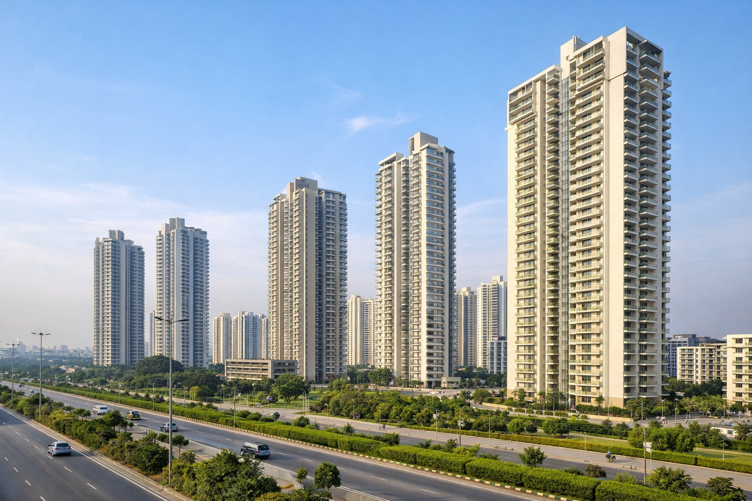 Modern high-rise residential towers in Gurgaon on Dwarka Expressway showing 2026 real estate development
