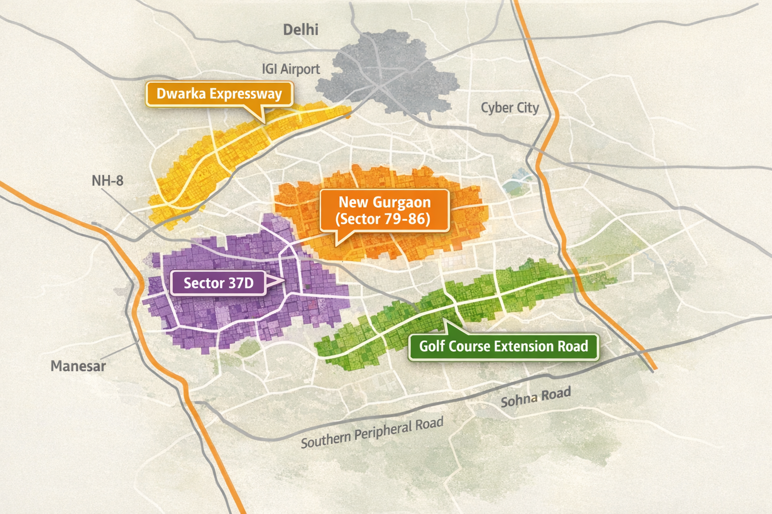 Micro-market corridor map of Gurgaon showing Dwarka Expressway and Golf Course Extension Road sectors