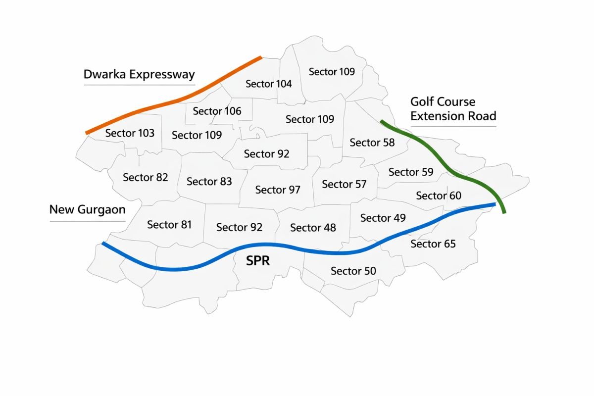 Gurgaon micro market map Dwarka Expressway Golf Course Extension SPR sectors