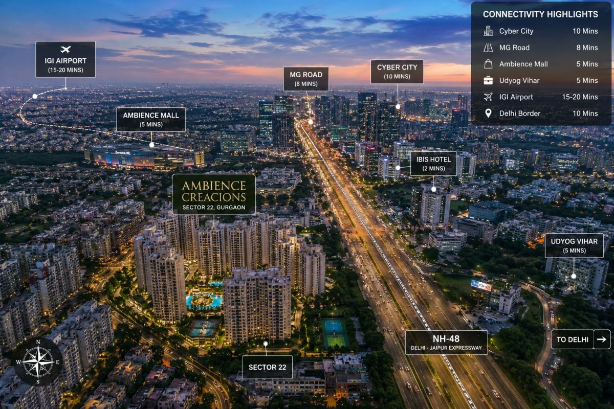 Ambience Creacions Gurgaon connectivity to Cyber City NH48 and Airport