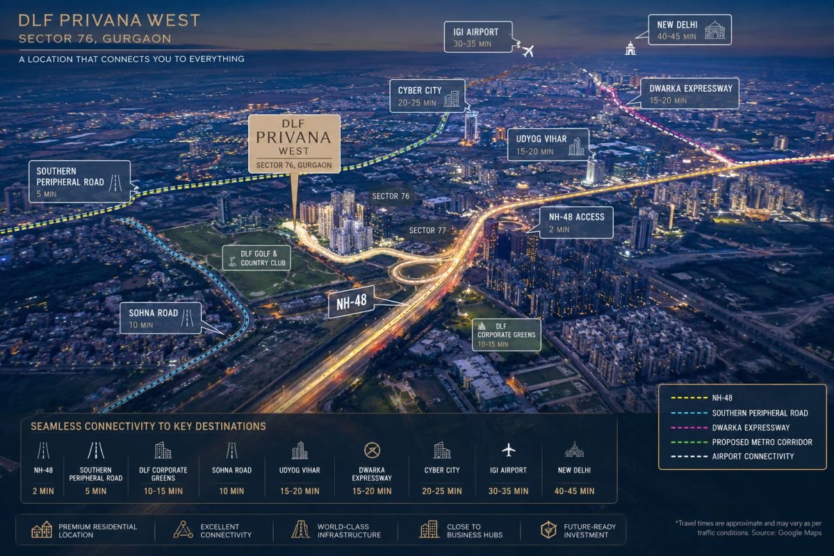 DLF Privana West location connectivity to NH-48 and Gurgaon landmarks