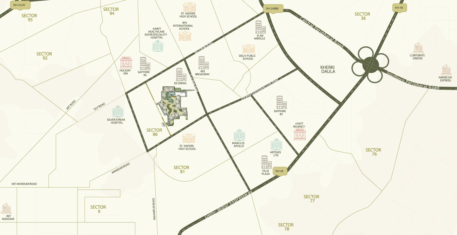 Emaar Serenity Hills location map near Dwarka Expressway and NH 48
