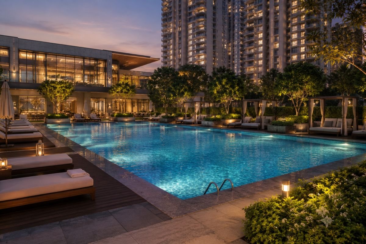 Swimming pool and landscaped gardens at Emaar Urban Oasis Gurgaon