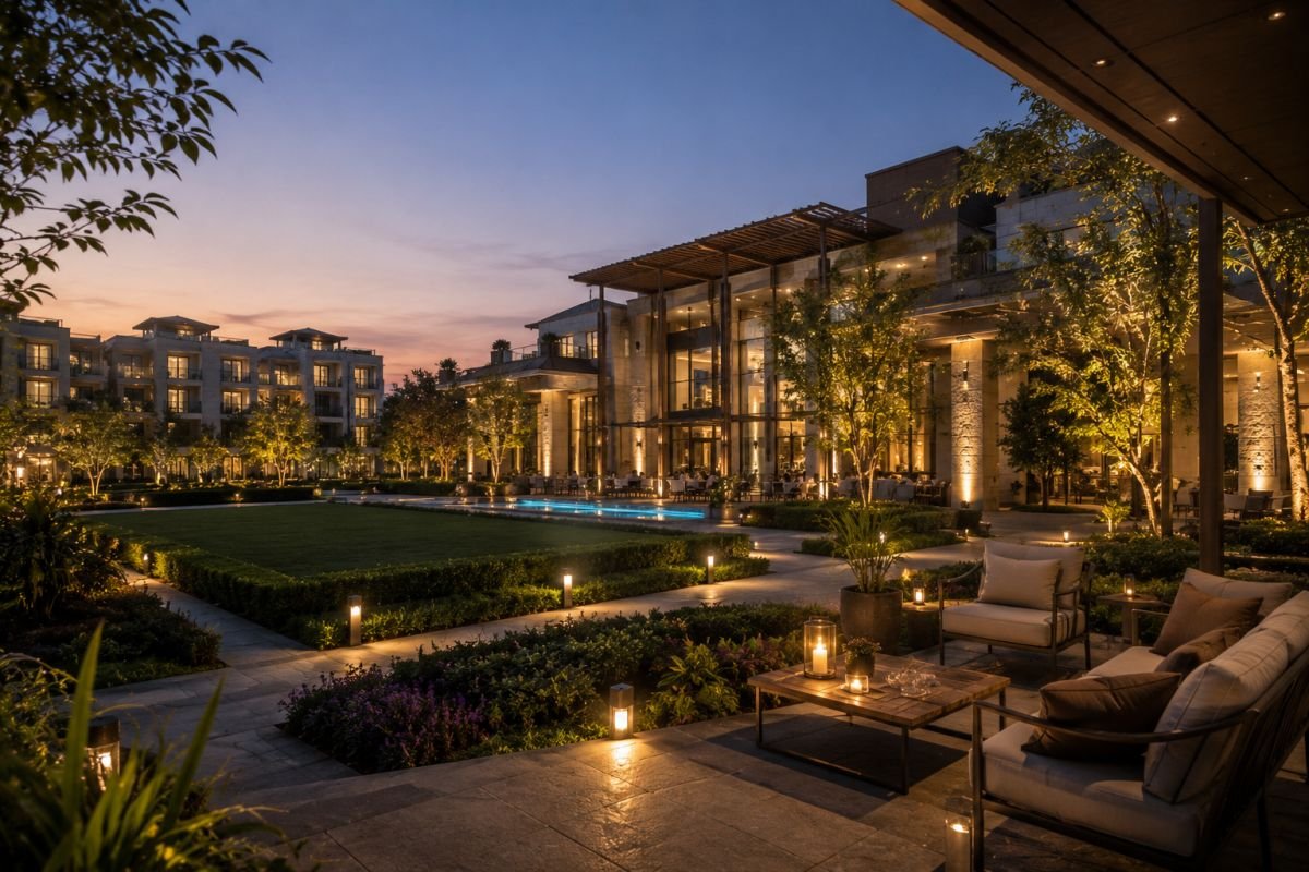 Evening clubhouse and landscape view at M3M Antalya Hills