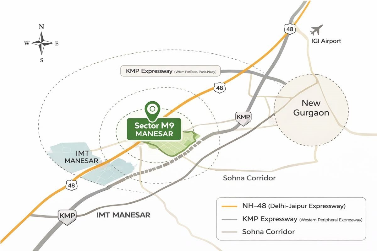Sector M9 Manesar location map showing NH-48, KMP Expressway and IMT proximity