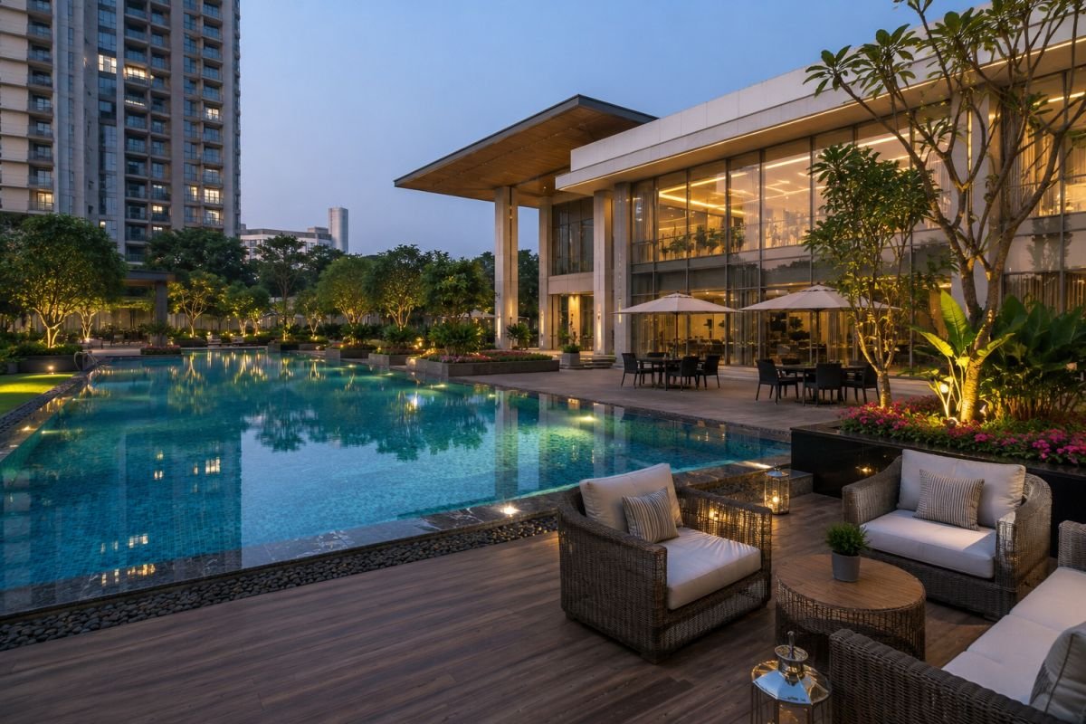 Clubhouse and landscaped community spaces at Shapoorji The Dualis