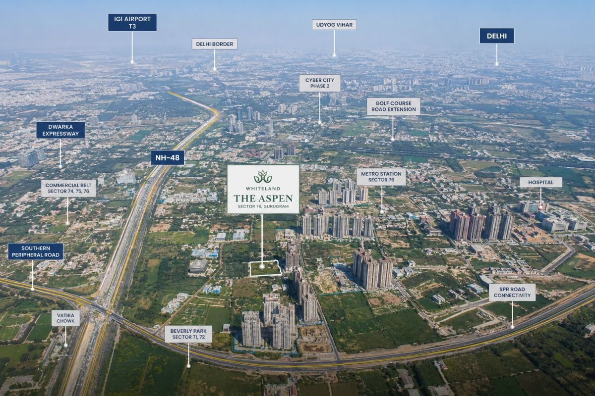 Location and connectivity of Whiteland The Aspen Sector 76 Gurgaon near NH-48 and SPR