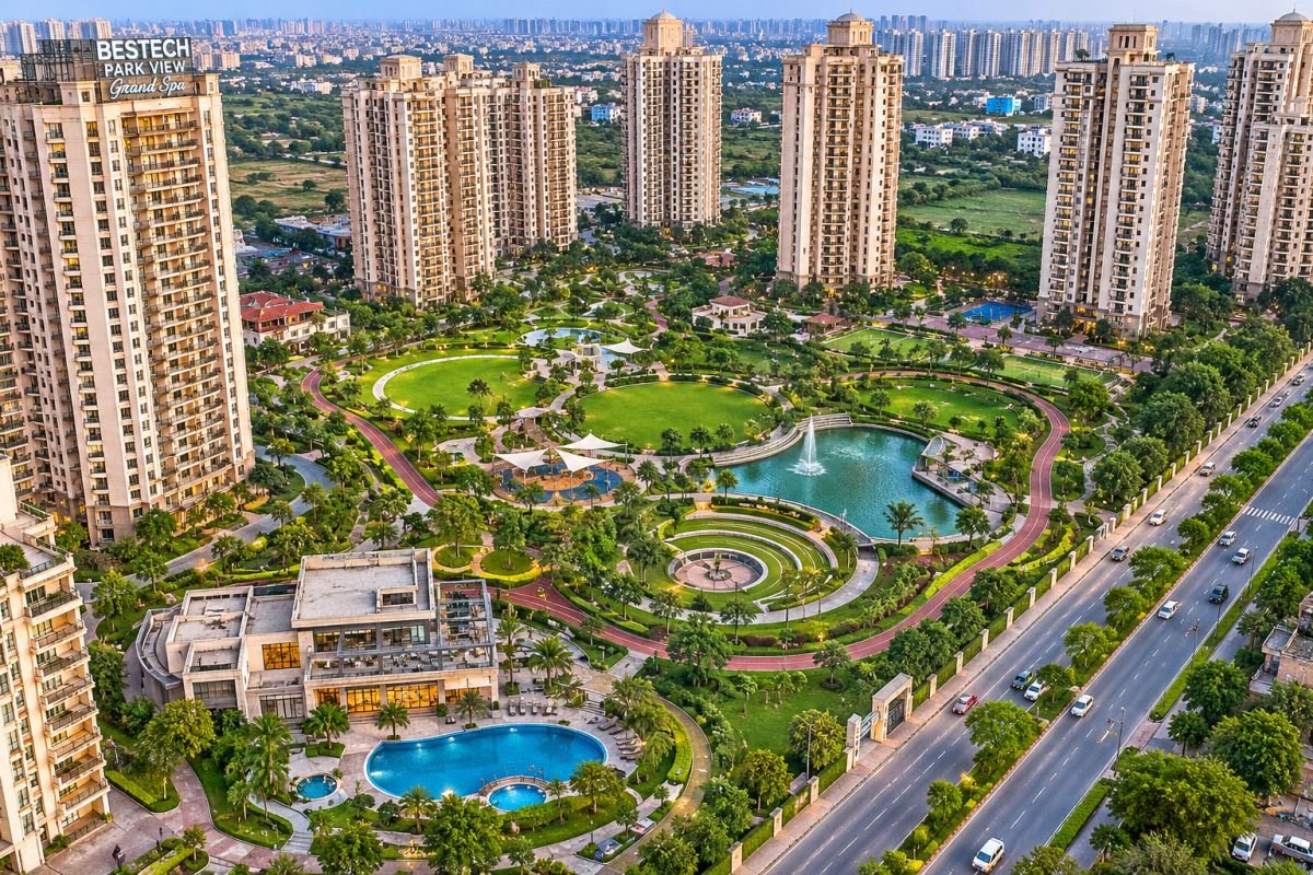 Aerial view of Bestech Park View Grand Spa with landscaped greens and towers