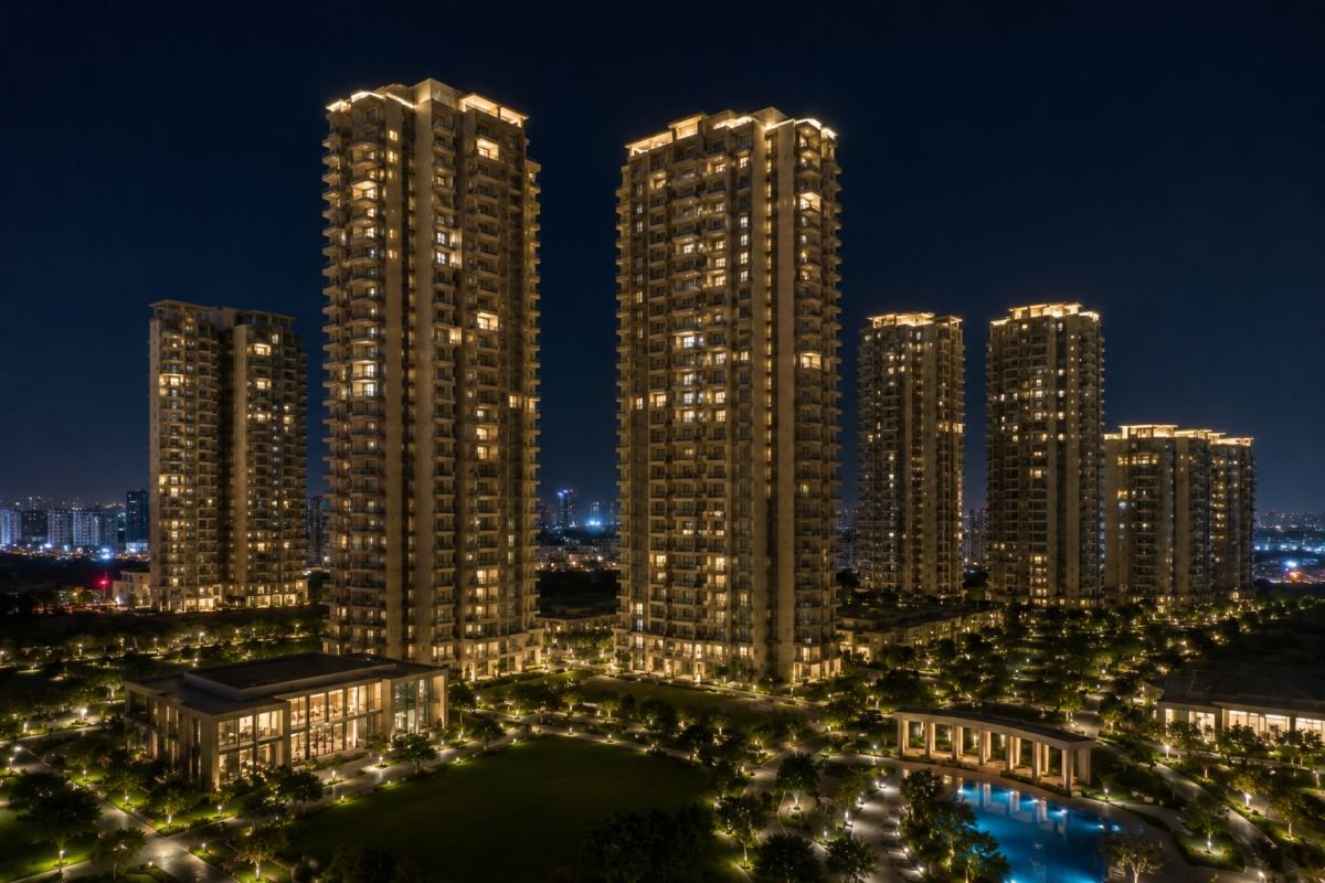 Night view of BPTP Downtown 66 towers Gurgaon