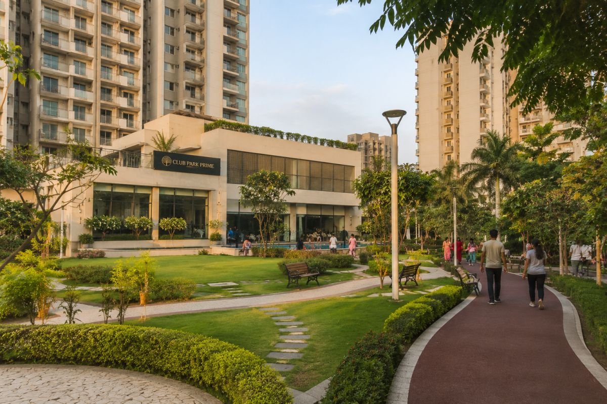 Landscaped open spaces and clubhouse at BPTP Park Prime Gurgaon