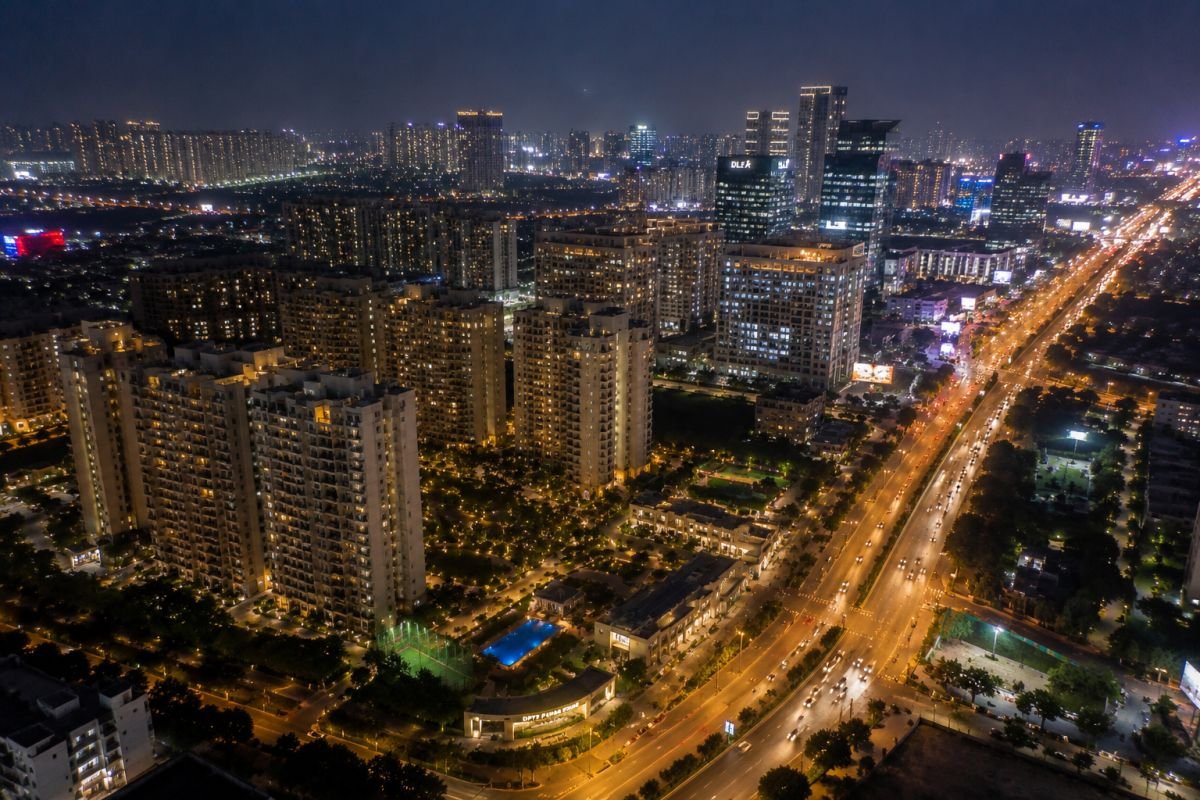 Night skyline view of Sector 66 Gurgaon residential corridor