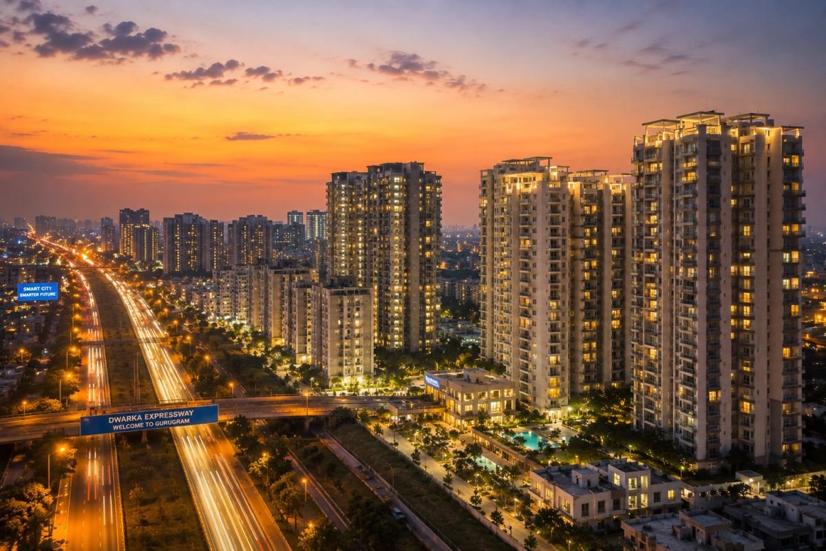 BPTP Terra Gurgaon skyline and premium residential towers during evening