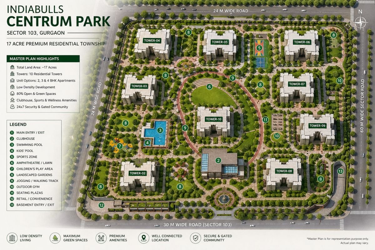 Indiabulls Centrum Park master plan layout 17 acre township Sector 103 Gurgaon