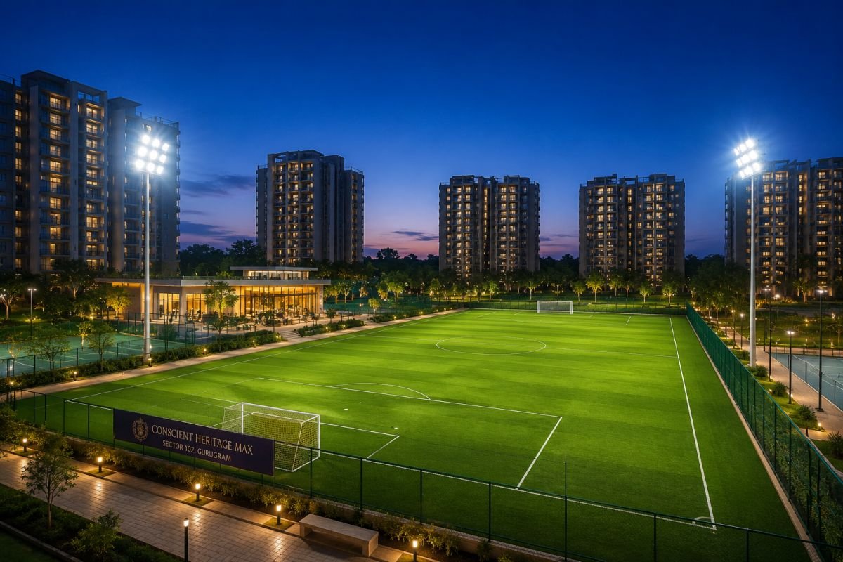 Floodlit football field and sports amenities at Conscient Heritage Max Gurgaon