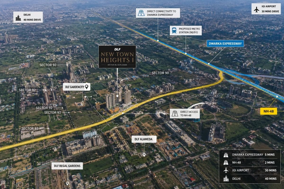 Location and connectivity around DLF New Town Heights 1 Sector 90 Gurgaon