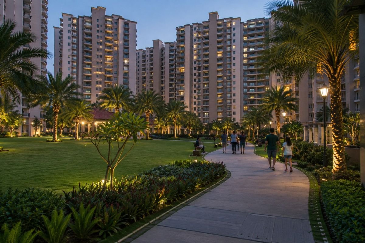 Landscaped gardens and open green spaces at DLF New Town Heights Gurgaon