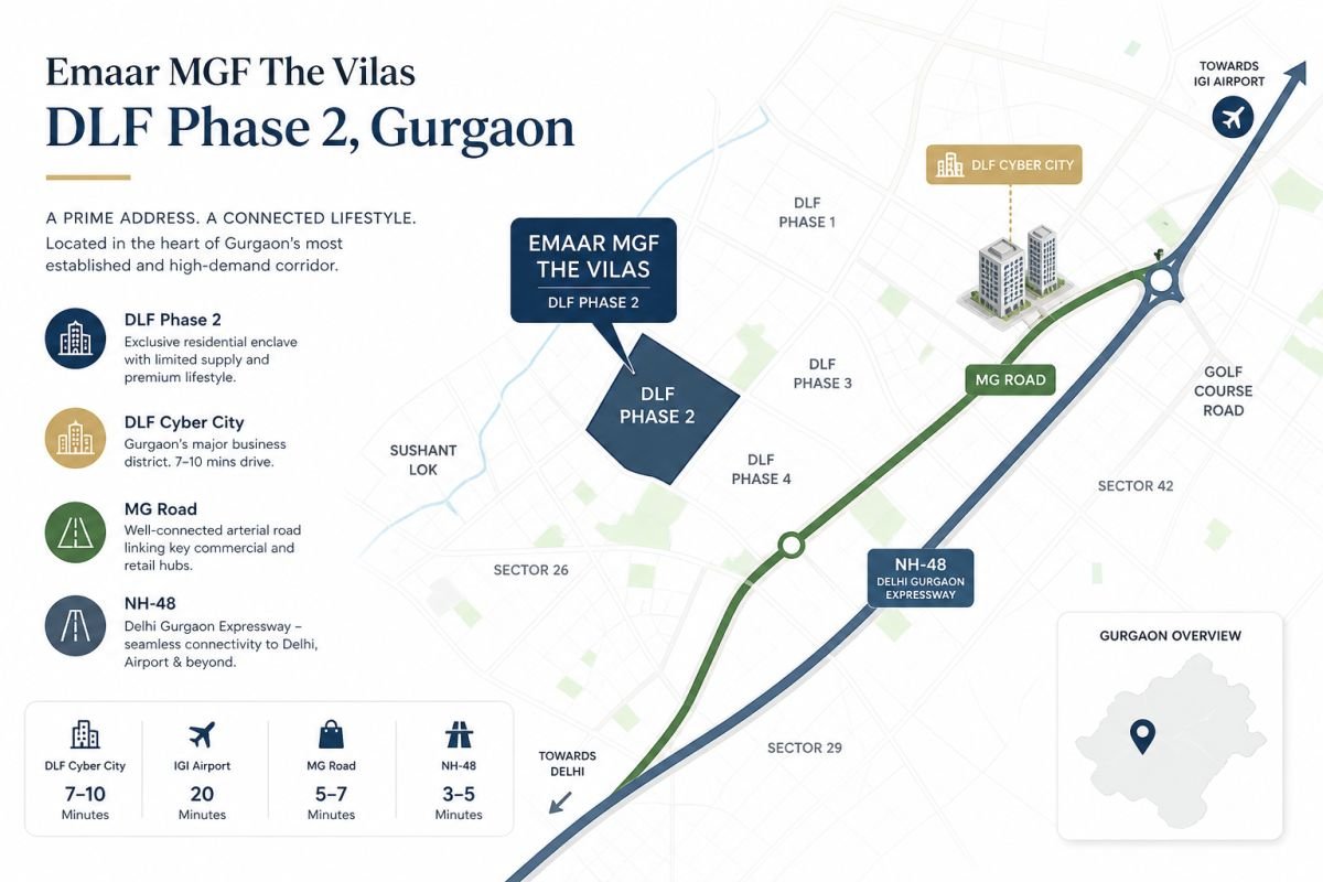 DLF Phase 2 Gurgaon location map showing Cyber City MG Road Gurgaon and NH-48 connectivity