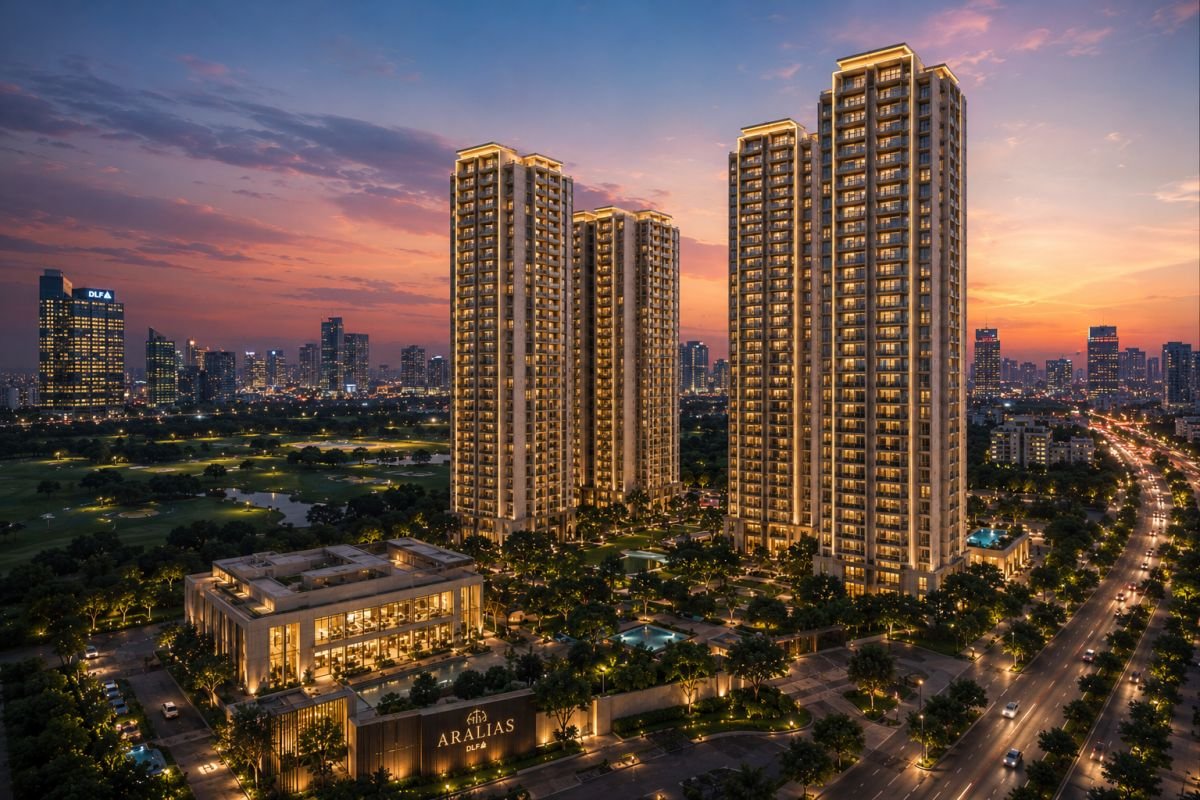 Evening skyline view of DLF The Aralias Gurgaon