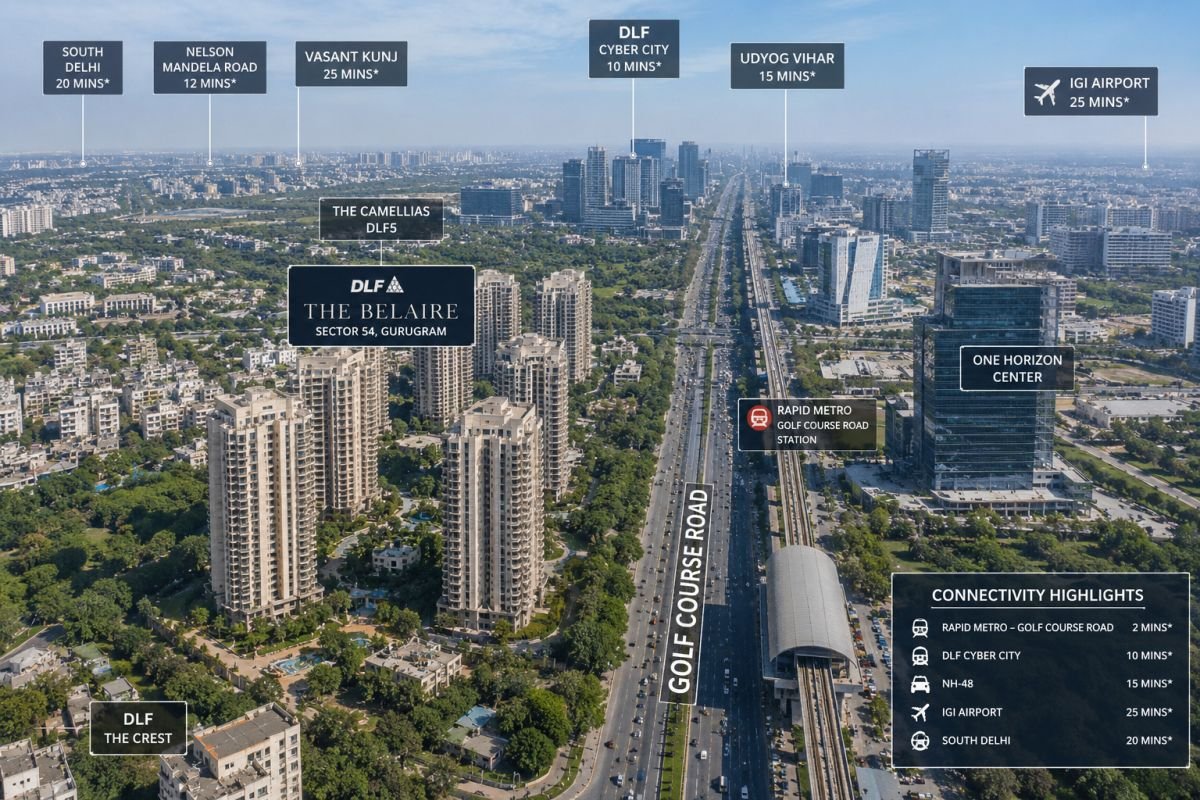 DLF The Belaire Golf Course Road connectivity and surroundings