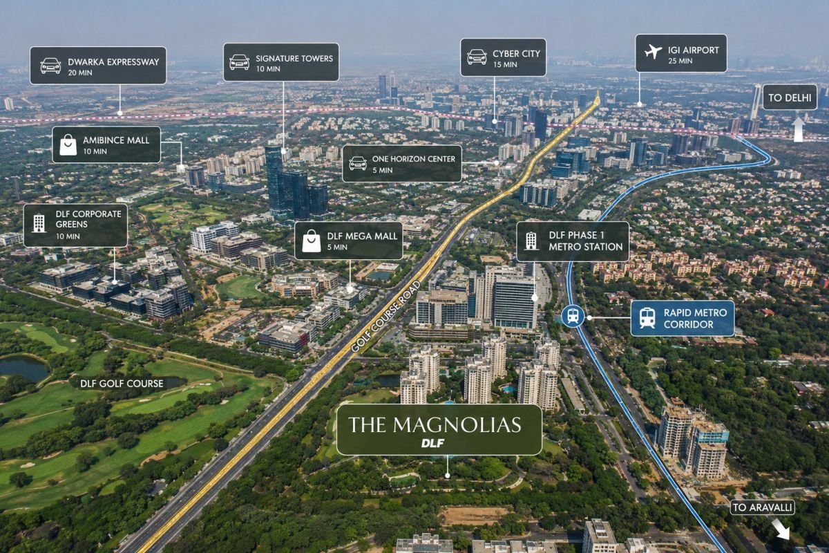 DLF The Magnolias Golf Course Road location and surroundings