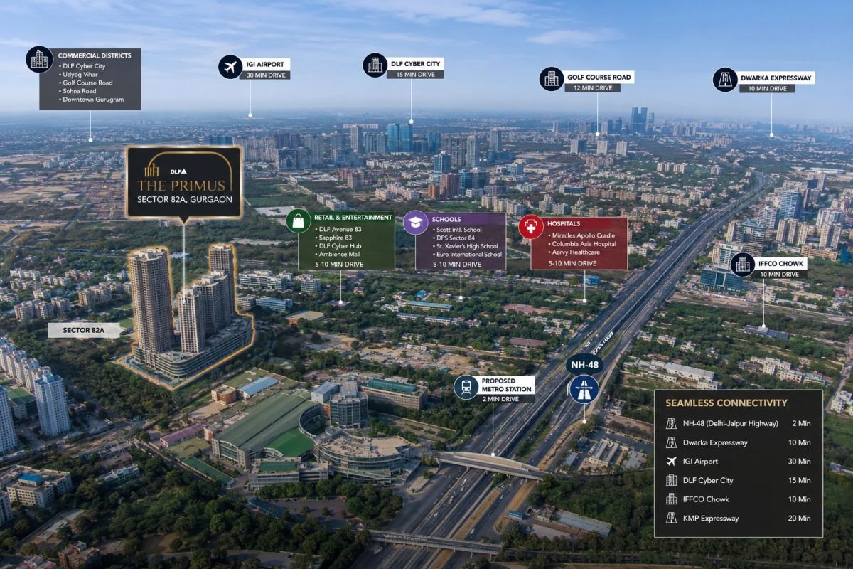 Location and connectivity around DLF The Primus Sector 82A Gurgaon