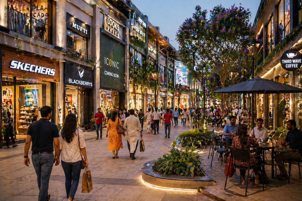 high street retail walkway Gurgaon shopping crowd luxury commercial project