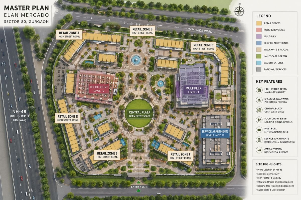 Elan Mercado Sector 80 master plan layout retail food court multiplex zoning