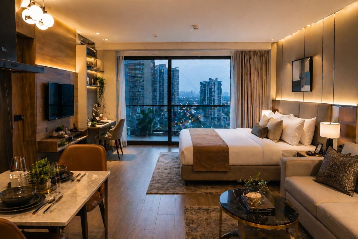 service apartments interior Gurgaon modern studio apartment premium furnishing