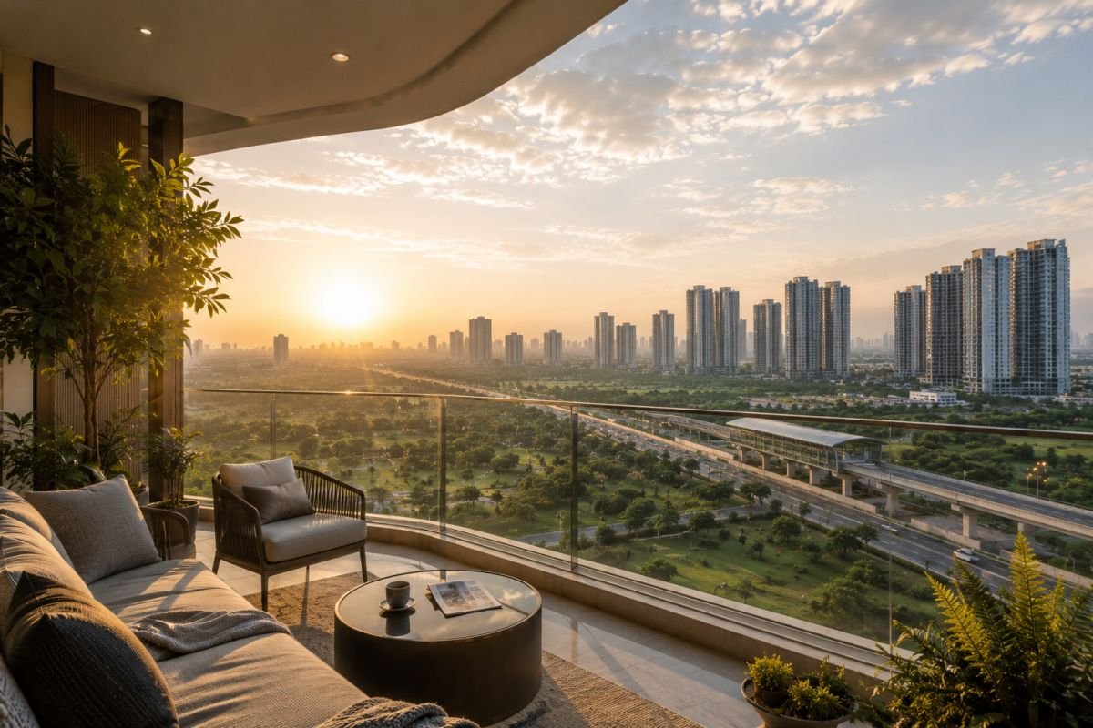Luxury balcony skyline view from Elan The Emperor Gurgaon