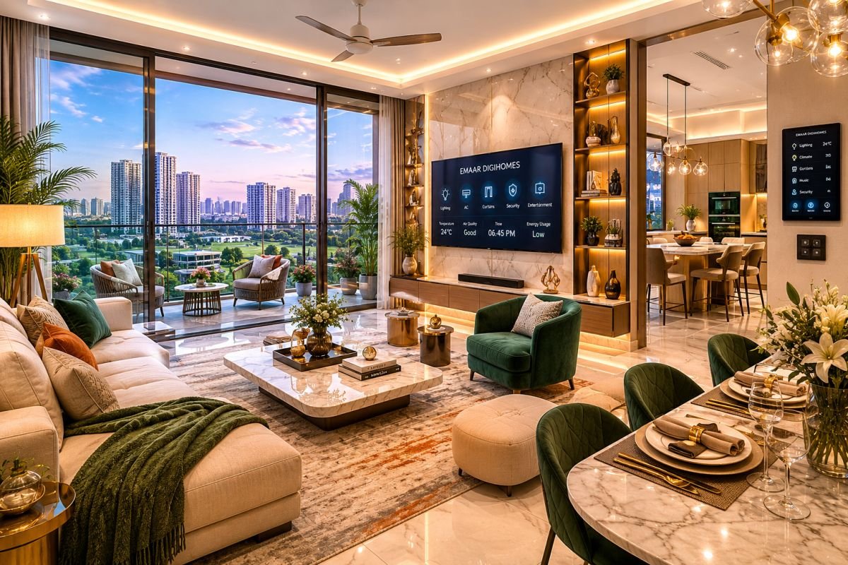 Smart home living room at Emaar DigiHomes Gurgaon