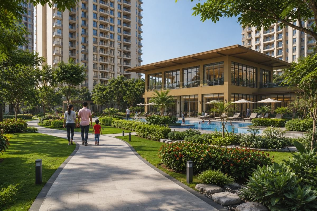 Landscaped greens and clubhouse at Emaar Imperial Gardens Sector 102 Gurgaon