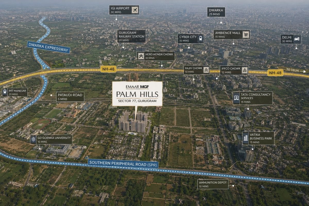 Emaar MGF Palm Hills location and connectivity in Sector 77 Gurgaon