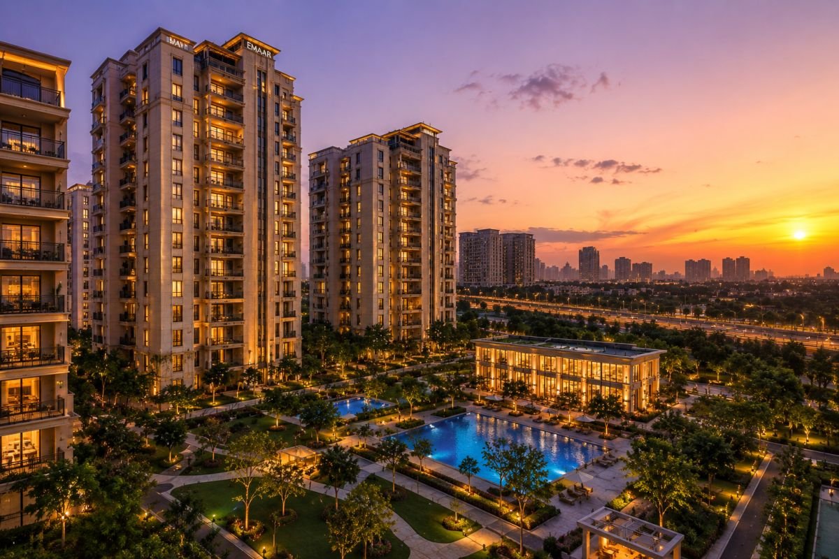Evening skyline view of Emaar Palm Gardens Gurgaon