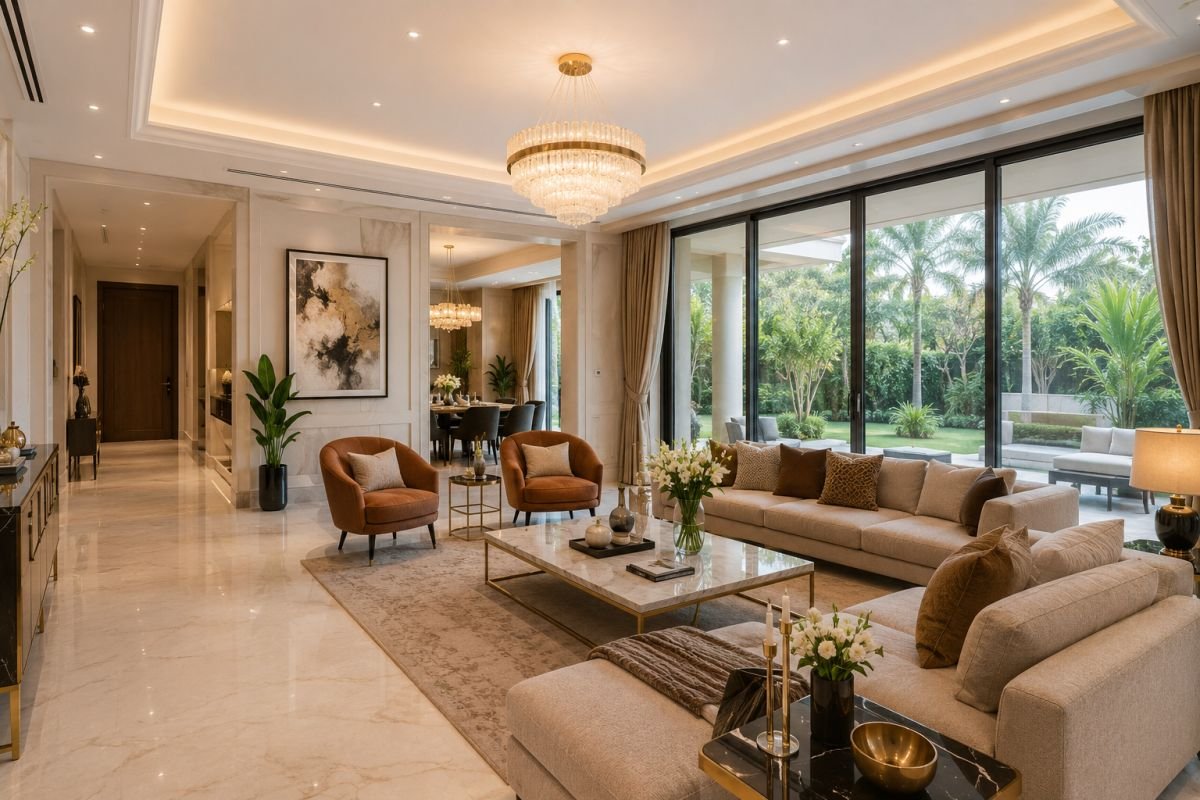 Luxury villa interior Palm Springs Gurgaon spacious living room design