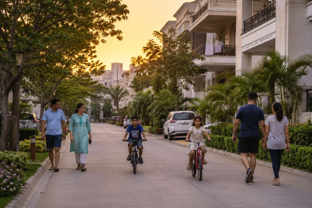 Families walking inside Emaar Emerald Hills Gurgaon during evening