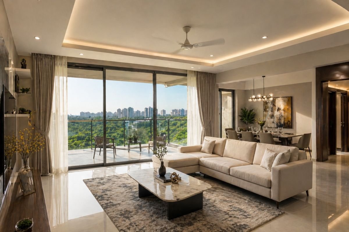 Godrej Icon apartment interior 3 BHK living room balcony Gurgaon