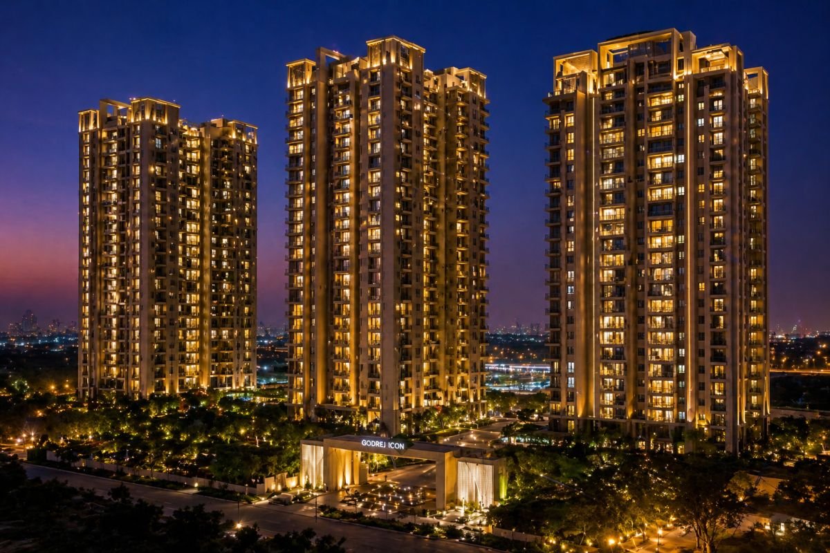 Godrej Icon Gurgaon night view illuminated towers skyline