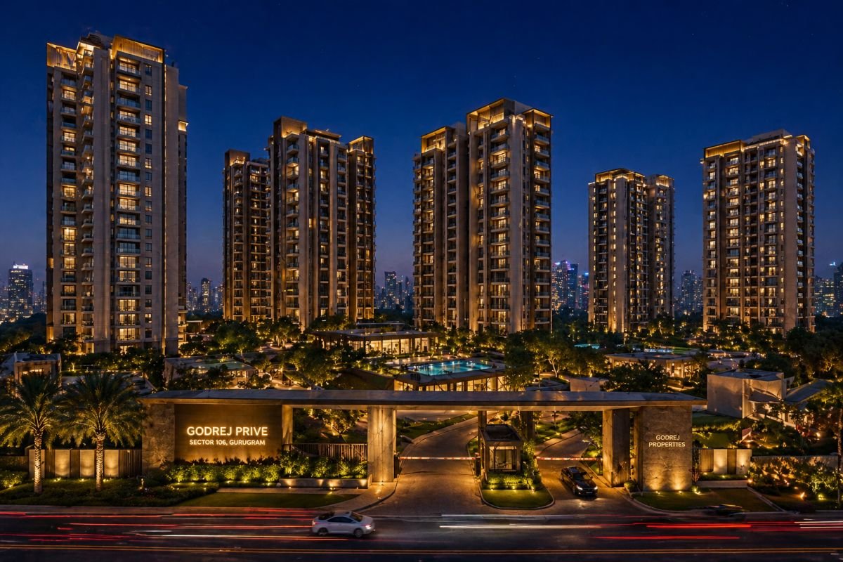 Godrej Prive Sector 106 Gurgaon evening view luxury towers lighting