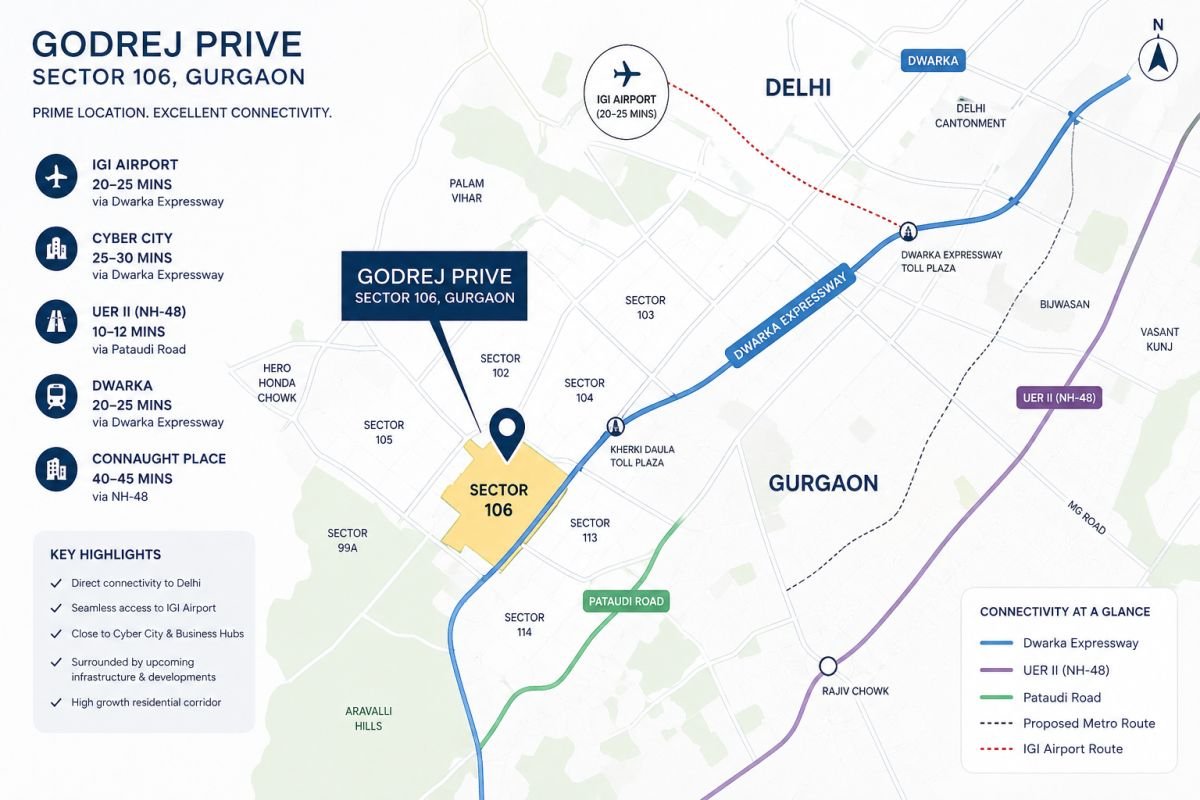 Godrej Prive Sector 106 Gurgaon location map Dwarka Expressway connectivity