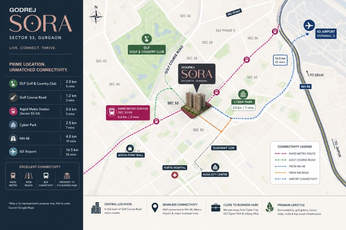 Godrej Sora location near Golf Course Road and Rapid Metro Gurgaon