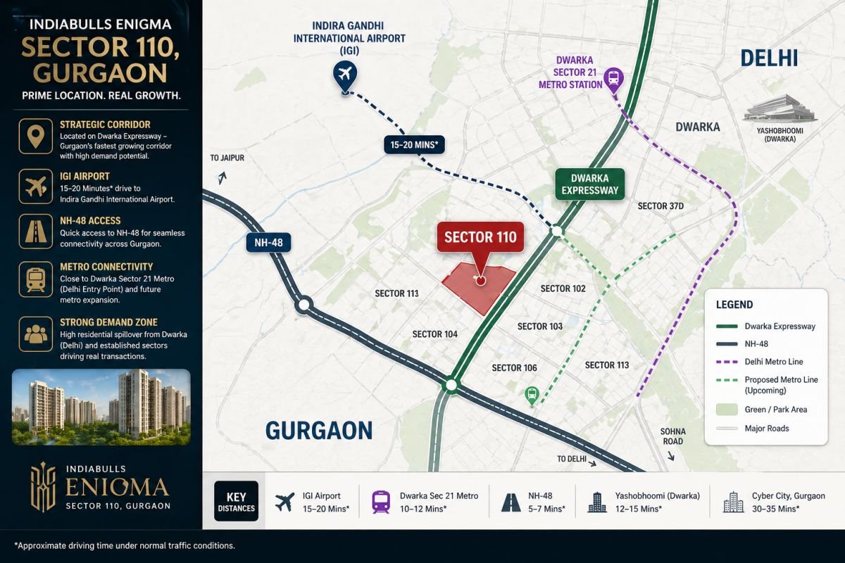Indiabulls Enigma Sector 110 Gurgaon location map Dwarka Expressway IGI Airport connectivity