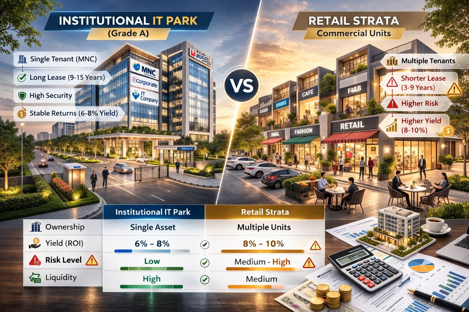Institutional IT park vs strata retail commercial property investment comparison in Gurgaon