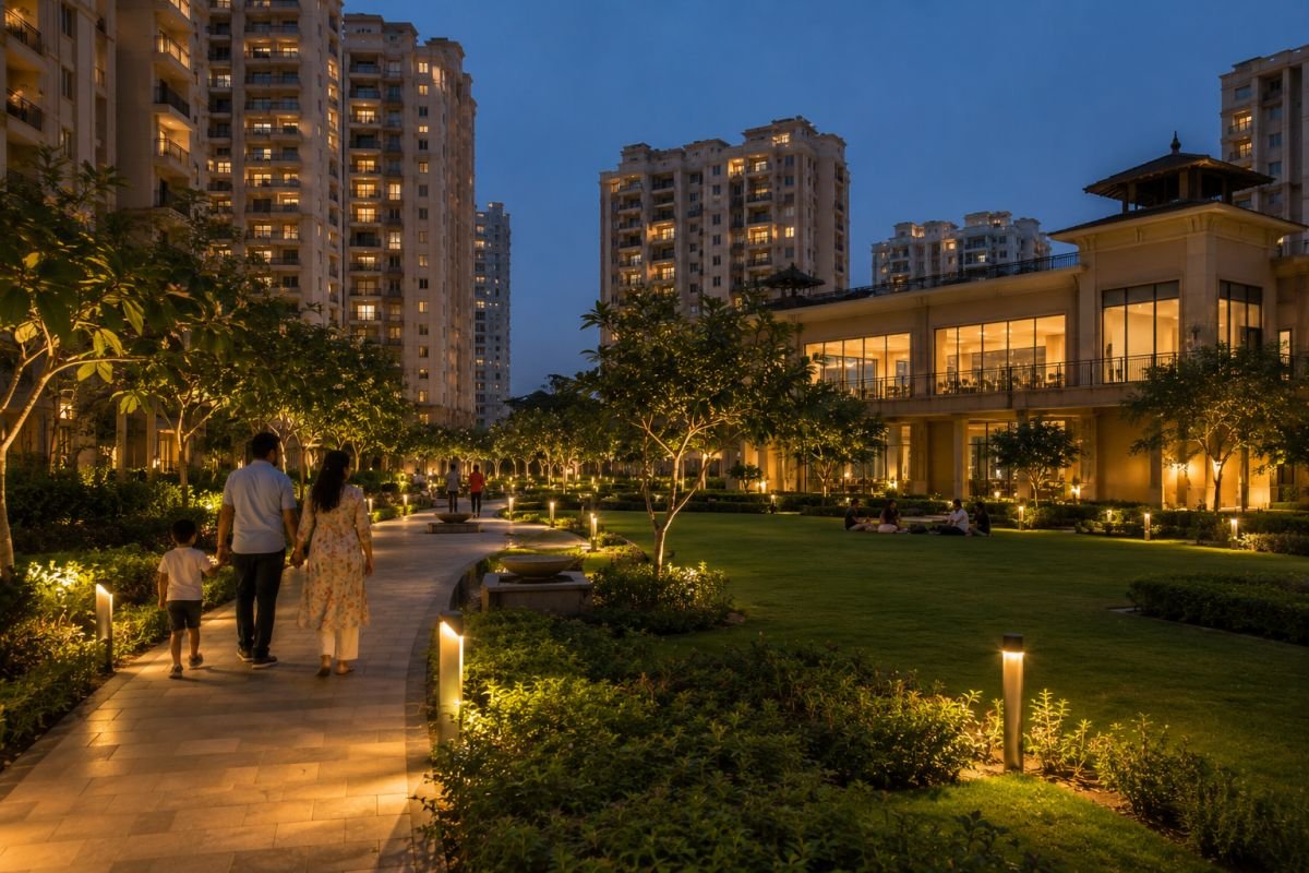 Evening ambience and landscaped pathways at Ireo The Corridors