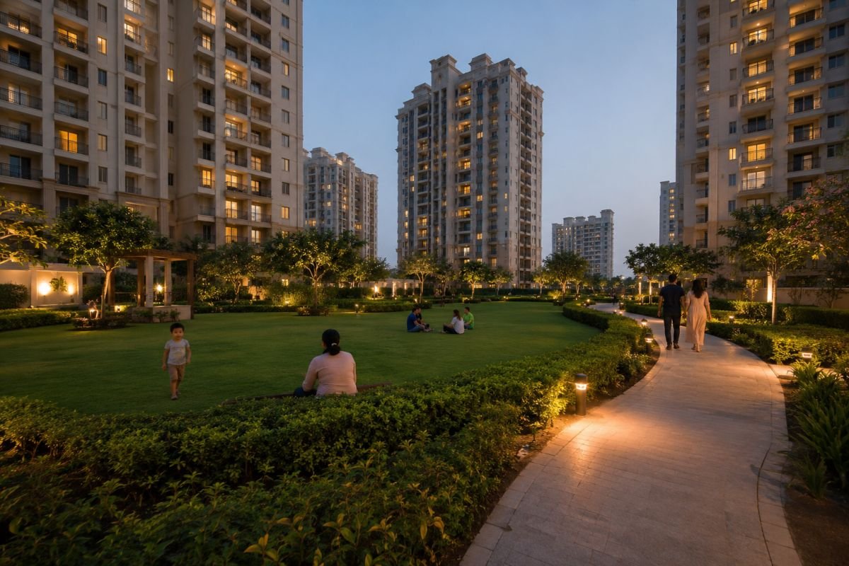 Landscaped gardens and open green spaces at Ireo The Corridors Gurgaon