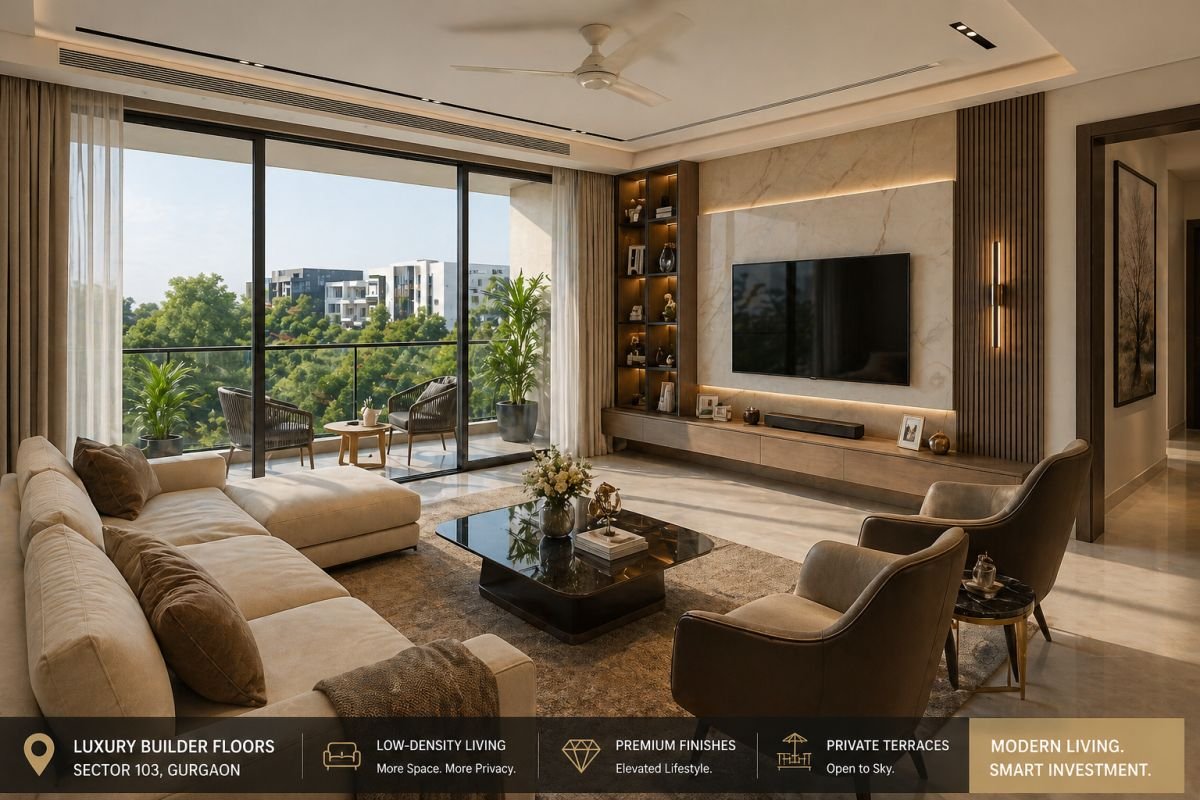 luxury builder floor interior Gurgaon modern living room balcony sunlight