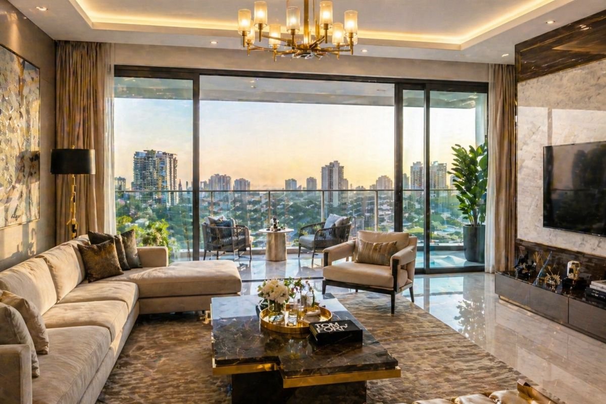 luxury sky villa interior Gurgaon premium living room glass balcony modern design