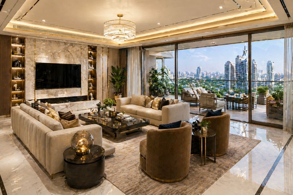 Luxury apartment interior M3M Elie Saab Gurgaon living room with balcony skyline view