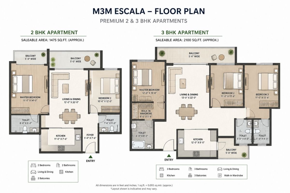 M3M Escala floor plan layout 2 and 3 BHK apartments