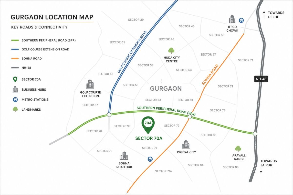 Sector 70A Gurgaon map showing Southern Peripheral Road connectivity